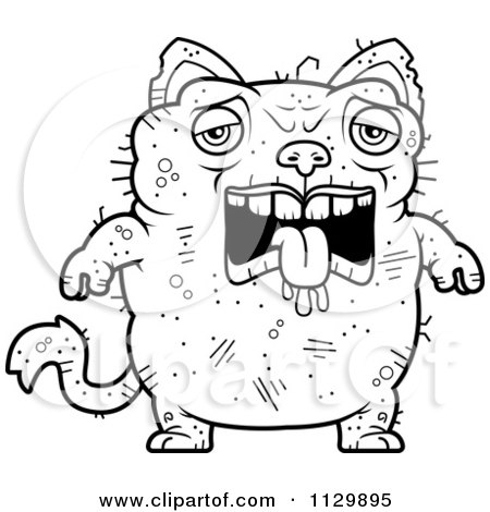 Cartoon Clipart Of An Outlined Sad Ugly Cat - Black And White Vector Coloring Page by Cory Thoman