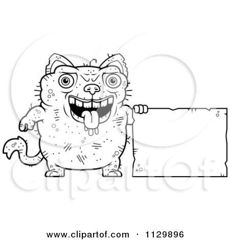 Cartoon Clipart Of An Outlined Ugly Cat With A Sign - Black And White Vector Coloring Page by Cory Thoman