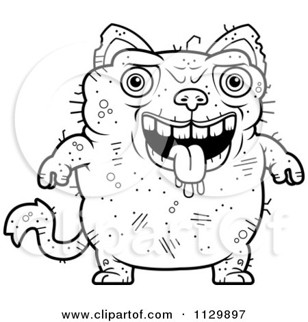 Cartoon Clipart Of An Outlined Drooling Ugly Cat - Black And White Vector Coloring Page by Cory Thoman