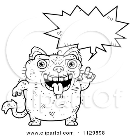 Cartoon Clipart Of An Outlined Talking Ugly Cat - Black And White Vector Coloring Page by Cory Thoman