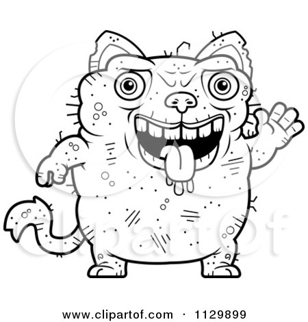 Cartoon Clipart Of An Outlined Waving Ugly Cat - Black And White Vector Coloring Page by Cory Thoman