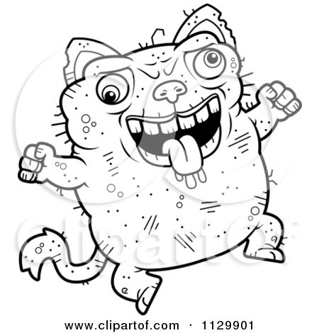 Cartoon Clipart Of An Outlined Jumping Ugly Cat - Black And White Vector Coloring Page by Cory Thoman