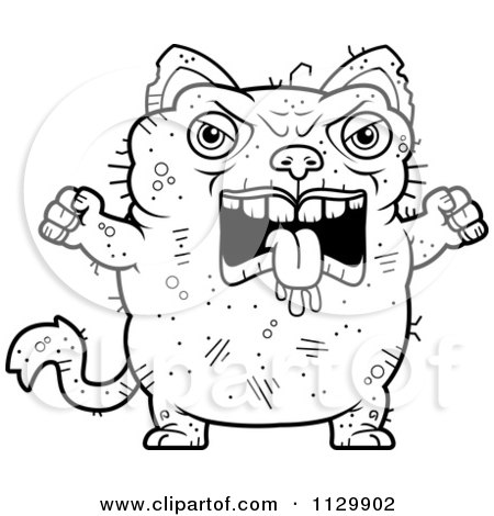 Cartoon Clipart Of An Outlined Angry Ugly Cat - Black And White Vector Coloring Page by Cory Thoman