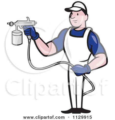 Clipart Cartoon Of A Retro Spray Painter Worker - Royalty Free Vector Illustration by patrimonio