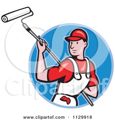 Clipart Cartoon Of A Retro House Painter Worker Using A Roller In A Blue Circle - Royalty Free Vector Illustration by patrimonio