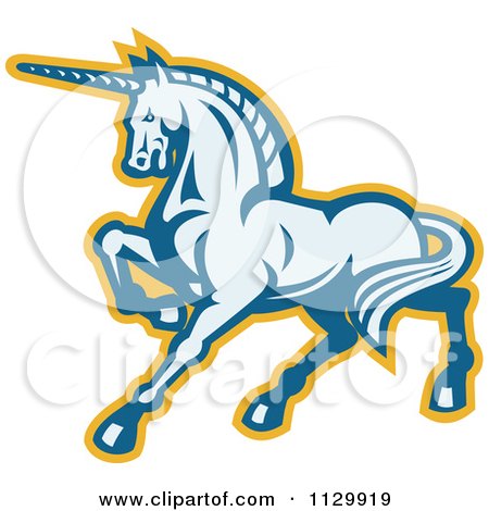 Clipart Of A Retro Prancing Unicorn In Blue And Yellow - Royalty Free Vector Illustration by patrimonio