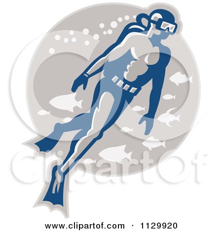 Clipart Of A Retro Scuba Diver With Fish In A Gray Circle - Royalty Free Vector Illustration by patrimonio