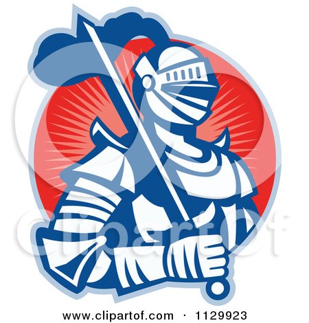 Clipart Of A Retro Woodcut Knight In Armour Over A Red Circle - Royalty Free Vector Illustration by patrimonio