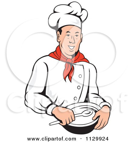 Clipart Of A Retro Male Chef Holding A Bowl And Spoon - Royalty Free Vector Illustration by patrimonio