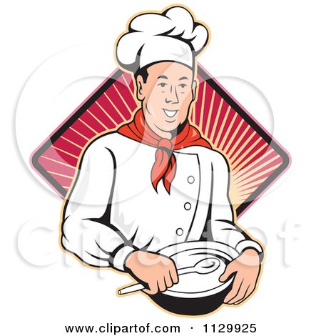 Clipart Of A Retro Male Chef Holding A Bowl And Spoon Over A Ray Diamond - Royalty Free Vector Illustration by patrimonio