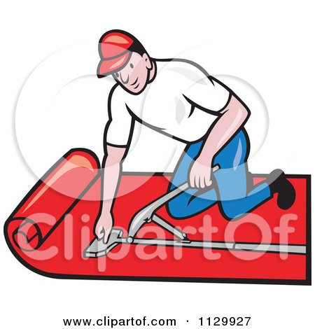 Clipart Cartoon Of A Retro Carpet Layer Worker - Royalty Free Vector Illustration by patrimonio