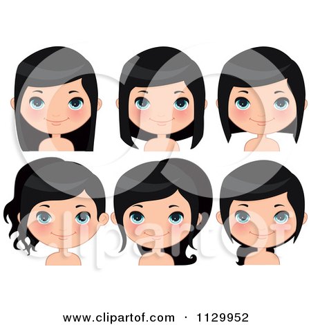 Cartoon Of A Cute Black Haired Girl Wearing Her Hair Different Ways - Royalty Free Vector Clipart by Melisende Vector
