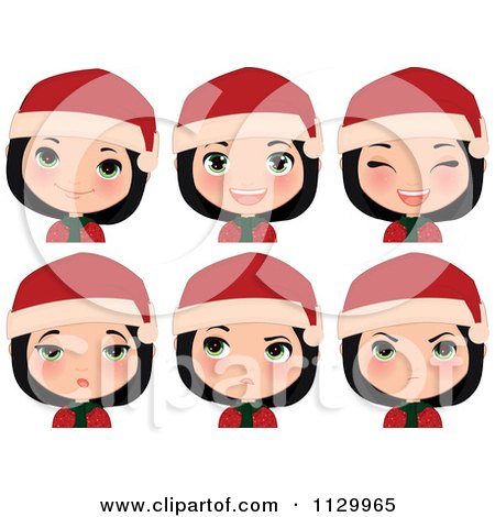 Cartoon Of A Black Haired Christmas Girl Smiling And Wearing A Santa Hat With Different Expressions - Royalty Free Vector Clipart by Melisende Vector