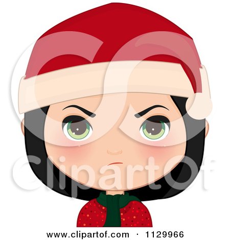 Cartoon Of A Mad Black Haired Christmas Girl Smiling And Wearing A Santa Hat - Royalty Free Vector Clipart by Melisende Vector