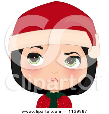 Cartoon Of An Annoyed Black Haired Christmas Girl Smiling And Wearing A Santa Hat - Royalty Free Vector Clipart by Melisende Vector