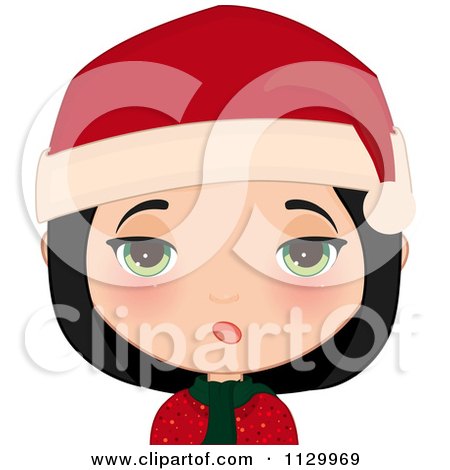 Cartoon Of A Skeptical Black Haired Christmas Girl Smiling And Wearing A Santa Hat - Royalty Free Vector Clipart by Melisende Vector