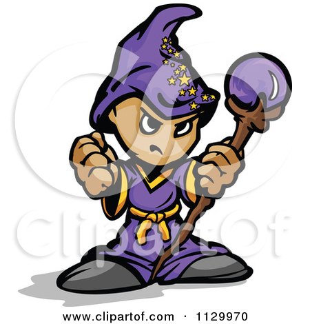 Cartoon Of A Tough Little Wizard Holding A Fist And Staff - Royalty Free Vector Clipart by Chromaco