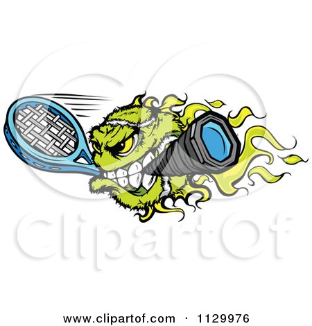 Cartoon Of A Flaming Tennis Ball Mascot Biting A Racket - Royalty Free Vector Clipart by Chromaco