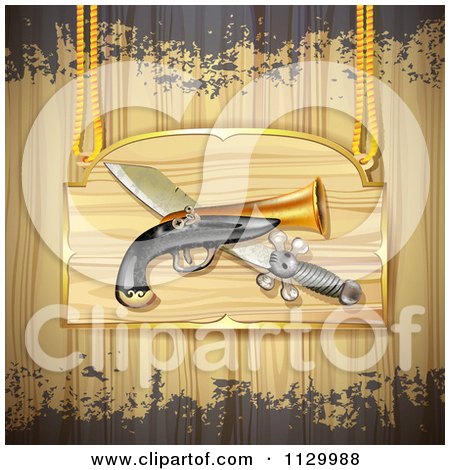 Clipart Of A Pirate Gun And Sword Crossed On A Sign Over Wood With Grunge - Royalty Free Vector Illustration by merlinul