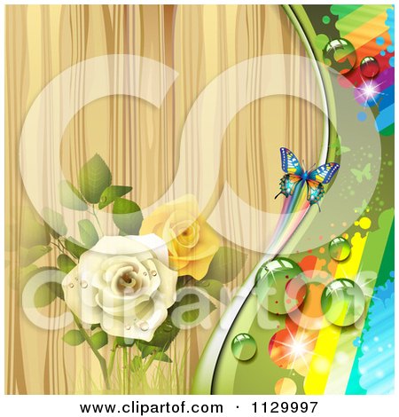 Clipart Of A Butterfly Rose Flower And Wood Background With Rainbows - Royalty Free Vector Illustration by merlinul