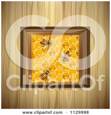 Clipart Of Bees On A Honey Comb Square Over Wood - Royalty Free Vector Illustration by merlinul