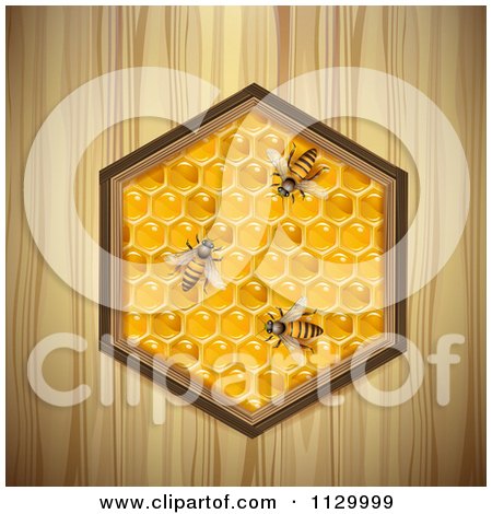 Clipart Of Bees On A Honey Comb Hexagon Over Wood - Royalty Free Vector Illustration by merlinul