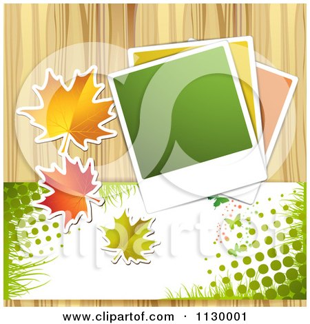 Clipart Of A Background Of Autumn Leaves Photos Halftone And Wood - Royalty Free Vector Illustration by merlinul