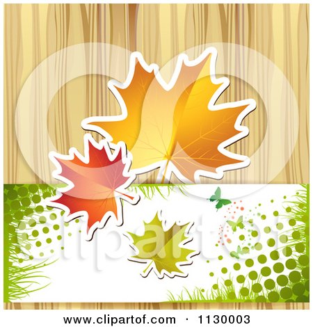 Clipart Of A Background Of Autumn Leaves Halftone And Wood - Royalty Free Vector Illustration by merlinul