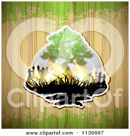 Clipart Of A Tree With Flames On Wood With Green Grunge - Royalty Free Vector Illustration by merlinul