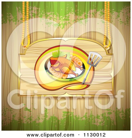 Clipart Of A Roasted Chicken Wood Sign Over Grain And Grunge - Royalty Free Vector Illustration by merlinul