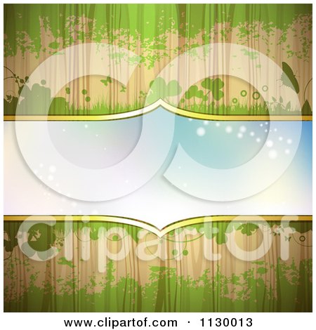 Clipart Of A Blue Frame On Wood With Green Grunge And Clovers - Royalty Free Vector Illustration by merlinul