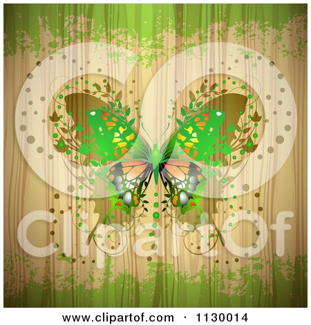 Clipart Of A Butterfly Over Wood With Green Grunge - Royalty Free Vector Illustration by merlinul