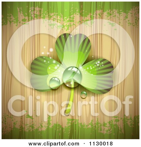 Clipart Of A Dewy Shamrock Clover On Wood Grain With Green Grunge - Royalty Free Vector Illustration by merlinul