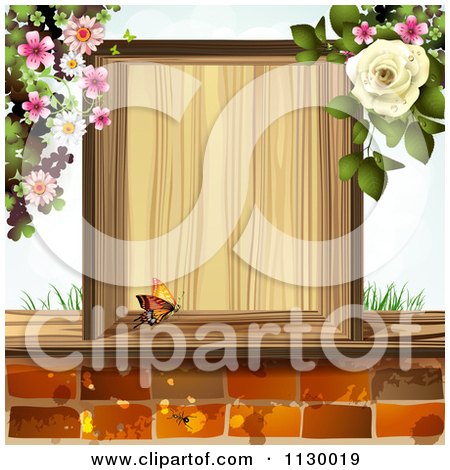 Clipart Of A Butterfly Wooden Box Flowers And Bricks - Royalty Free Vector Illustration by merlinul