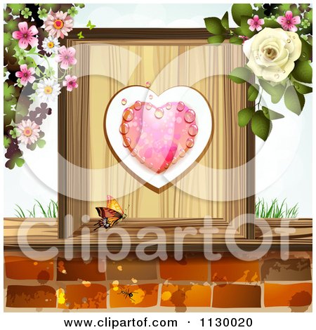 Clipart Of A Butterfly Wooden Box With Heart Flowers And Bricks - Royalty Free Vector Illustration by merlinul