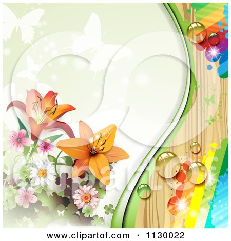 Clipart Of A Butterfly Lily Flower And Wood Background With Rainbows - Royalty Free Vector Illustration by merlinul