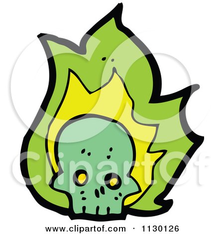 Cartoon Of A Green Skull And Flames 2 - Royalty Free Vector Clipart by lineartestpilot