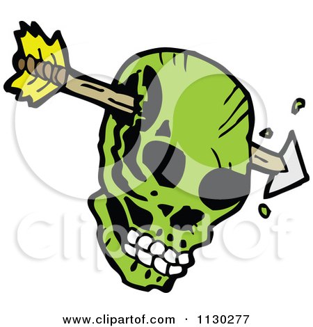 Cartoon Of A Green Skull With An Arrow 2 - Royalty Free Vector Clipart by lineartestpilot