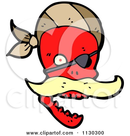 Cartoon Of A Red Pirate Skull With A Mustache Eye Patch And Bandana - Royalty Free Vector Clipart by lineartestpilot