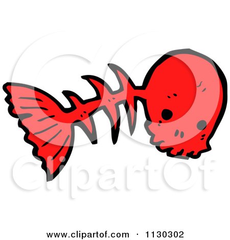 Cartoon Of A Red Skull On A Fish Bone 1 - Royalty Free Vector Clipart by lineartestpilot