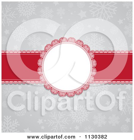 Clipart Of A Round Christmas Frame And Red Ribbon Over Gray Snowflakes - Royalty Free Vector Illustration by KJ Pargeter