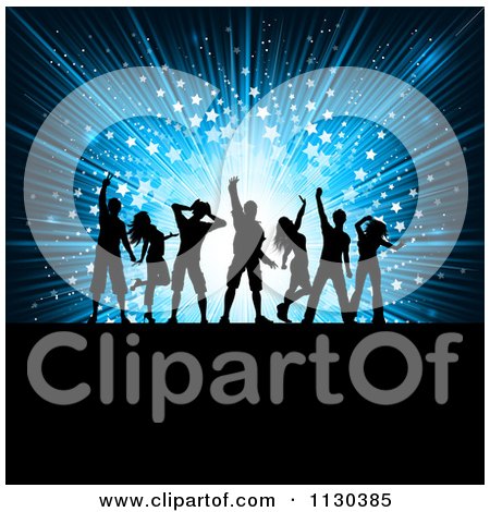 Clipart Of Dancer Silhouettes Over A Blue Starburst - Royalty Free Vector Illustration by KJ Pargeter