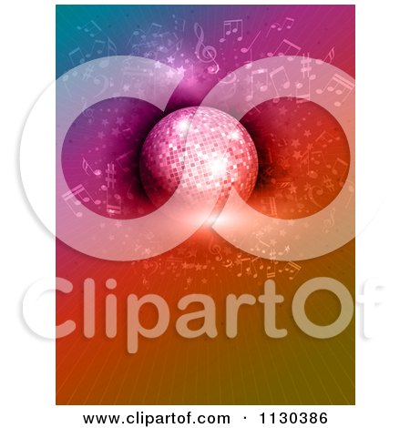 Clipart Of A Sparkly Disco Ball And Music Notes Over Colorful Rays - Royalty Free Vector Illustration by KJ Pargeter