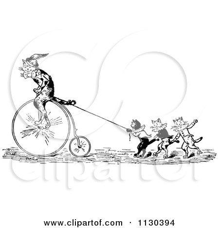 Clipart Of A Retro Vintage Black And White Performing Cats With A Penny Farthing - Royalty Free Vector Illustration by Prawny Vintage