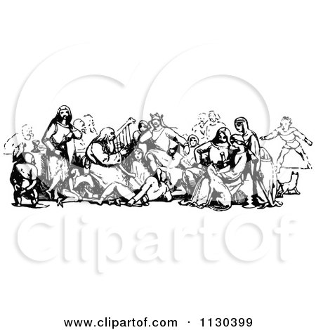 Clipart Of A Retro Vintage Black And White Group Of Medieval People - Royalty Free Vector Illustration by Prawny Vintage