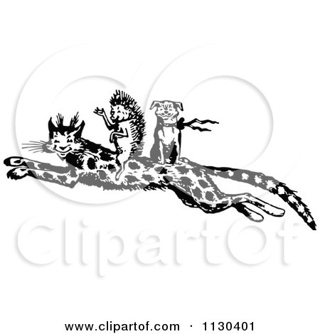 Clipart Of A Retro Vintage Black And White Hedgehog And Dog Riding On A Leopard - Royalty Free Vector Illustration by Prawny Vintage