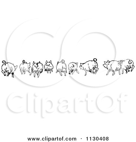 Clipart Of A Retro Vintage Black And White Rear View Of Running Pigs - Royalty Free Vector Illustration by Prawny Vintage