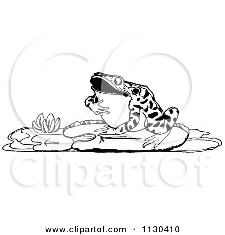 Clipart Of A Retro Vintage Black And White Frog By A Lotus - Royalty Free Vector Illustration by Prawny Vintage
