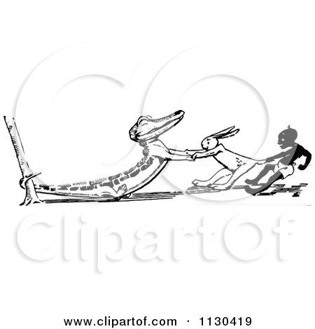 Clipart Of A Retro Vintage Black And White Crocodile Tugging Against A Rabbit And Boy - Royalty Free Vector Illustration by Prawny Vintage