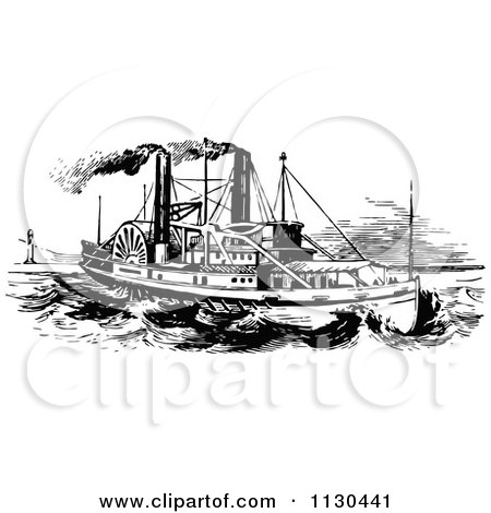 Clipart Of A Retro Vintage Black And White Steam Ship - Royalty Free Vector Illustration by Prawny Vintage